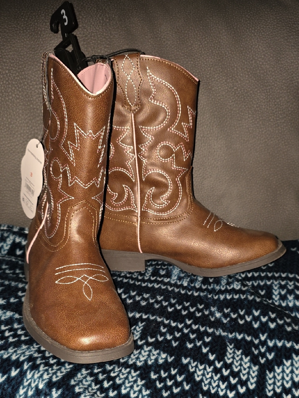 Wonder Nation Brown Girls' Western Cowboy Boots with Pink Lining